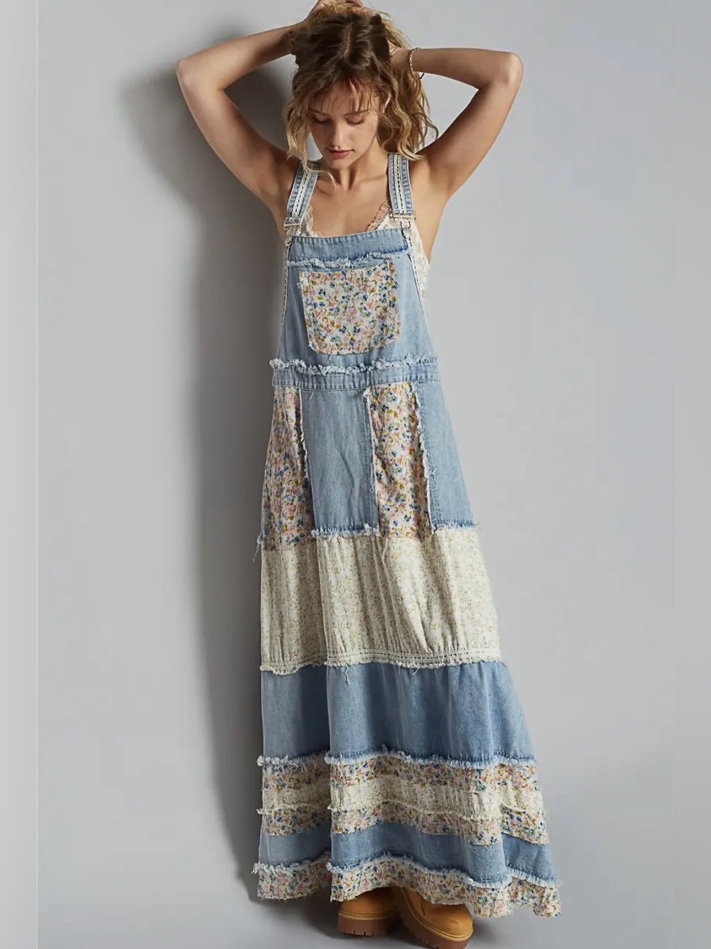 POL Patchwork Denim and Floral Maxi Dress - Blue, Cream